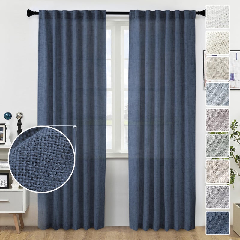 MEETBILY Navy Blue Curtains 84 Inch Length for Living Room Back Tab Pocket Dark Blue Linen Curtain Panels Semi Sheer Light Reducing Window Drapes for Boys Room/Bedroom Farmhouse 7 Feet Tall  2 Panels